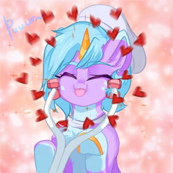 Size: 1000x1000 | Tagged: safe, artist:thieftea, derpibooru import, unicorn, hat, heart, hoof hold, horn, simple background, smiling, solo