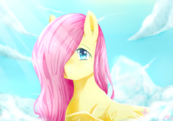 Size: 1024x717 | Tagged: safe, artist:angelapie, derpibooru import, fluttershy, pegasus, pony, anime style, bust, cloud, crepuscular rays, female, hair over one eye, looking at you, mare, outdoors, sky, sky background, smiling, smiling at you, solo, three quarter view, wings