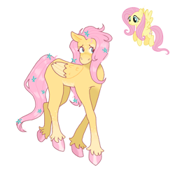 Size: 1280x1280 | Tagged: safe, artist:screechingflower, derpibooru import, fluttershy, pegasus, pony, colored hooves, female, flower, flower in hair, flower in tail, folded wings, head turned, long legs, looking sideways, mare, screencap reference, simple background, solo, standing, tail, unshorn fetlocks, white background, wings