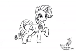 Size: 2007x1338 | Tagged: safe, artist:digiral, derpibooru import, rarity, pony, unicorn, 2016, female, mare, monochrome, raised hoof, raised leg