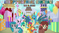 Size: 2063x1160 | Tagged: safe, artist:not-yet-a-brony, derpibooru import, gallus, ocellus, sandbar, silverstream, smolder, swift foot, yona, changeling, dragon, earth pony, griffon, hippogriff, yak, 2022, balloon, birthday, birthday party, friends, friendship, may, party, present, student six, thracian, vincent tong, voice actor reference