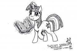 Size: 1887x1258 | Tagged: safe, artist:digiral, derpibooru import, twilight sparkle, unicorn twilight, pony, unicorn, 2016, book, female, magic, magic aura, mare, monochrome, simple background, solo, white background