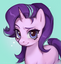 Size: 3035x3215 | Tagged: safe, artist:oops pio, derpibooru import, starlight glimmer, pony, unicorn, bust, female, high res, horn, looking at you, mare, portrait, raised eyebrow, simple background, smiling, solo