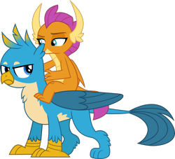 Size: 2000x1816 | Tagged: safe, artist:frownfactory, derpibooru import, gallus, smolder, dragon, griffon, annoyed, dragoness, dragons riding griffons, female, frown, gallus is not amused, horns, male, riding, simple background, transparent background, unamused, vector, wings