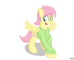 Size: 1284x1047 | Tagged: safe, artist:ricy, derpibooru import, butterscotch, fluttershy, pegasus, clothes, crossed hooves, cute, looking away, open mouth, rule 63, shy, shyabetes, simple background, solo, spread wings, sweater, tail, transparent background, wings