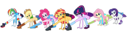 Size: 1576x415 | Tagged: safe, artist:gmaplay, derpibooru import, applejack, fluttershy, pinkie pie, rainbow dash, rarity, sci-twi, sunset shimmer, twilight sparkle, equestria girls, black underwear, blue underwear, clothes, green underwear, helping twilight win the crown, humane five, humane seven, humane six, panties, purple underwear, rarity peplum dress, simple background, socks, transparent background, underwear