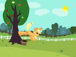 Size: 1600x1200 | Tagged: safe, artist:gilo, derpibooru import, applejack, earth pony, pony, apple, apple tree, applebucking, applejack mid tree-buck with 3 apples falling down, farm, fence, kicking, outdoors, smiling, solo, sun, tree