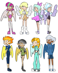Size: 3637x4587 | Tagged: safe, artist:charrlll, derpibooru import, blossomforth, cloudchaser, daring do, derpy hooves, flitter, lightning dust, night glider, spitfire, human, bandaid, belly button, boots, bracelet, clothes, converse, dark skin, ear piercing, earring, elf ears, female, freckles, grin, hoodie, humanized, jewelry, kneesocks, leg warmers, midriff, necktie, pants, piercing, shirt, shoes, shorts, siblings, simple background, sisters, skirt, smiling, socks, sports shorts, stockings, tanktop, thigh highs, twins, uniform, wall of tags, white background, winged humanization, wings, wonderbolts dress uniform, wristband