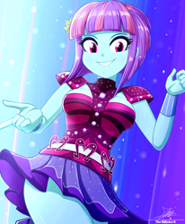 Size: 1784x2163 | Tagged: safe, artist:the-butch-x, derpibooru import, sunny flare, dance magic, equestria girls, spoiler:eqg specials, breasts, busty sunny flare, clothes, dress, female, grin, high res, looking at you, signature, smiling, solo, teeth