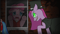 Size: 1920x1080 | Tagged: safe, artist:underwoodart, derpibooru import, pinkie pie, earth pony, pony, alternate universe, bow, brick wall, cloak, clothes, crying, cuffs (clothes), detailed background, dr jekyll and mr hyde, dr pinkie, dr pinkie and miss pie, drool, duality, glowing, glowing eyes, hat, miss pie, pinkamena diane pie, prostitute, reflection, shadow, stalker, stalking, tail, tail bow, top hat, victorian, waistcoat, window