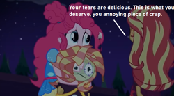 Size: 818x453 | Tagged: safe, derpibooru import, edit, edited screencap, screencap, pinkie pie, sunset shimmer, better together, sunset's backstage pass!, actual sunset shimmer, low effort, op is a cuck, op is trying to start shit, scene interpretation, swearing, vulgar