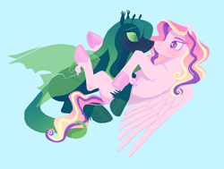 Size: 3912x2964 | Tagged: safe, artist:universal-heart, derpibooru import, princess cadance, queen chrysalis, changeling, pegasus, pony, blue background, cadalis, colored hooves, female, heart eyes, infidelity, lesbian, missing accessory, shipping, simple background, wingding eyes