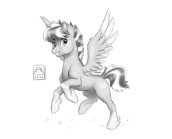 Size: 2674x2160 | Tagged: safe, artist:bluefeathercat, derpibooru import, oc, oc only, pegasus, pony, feathered fetlocks, freckles, grayscale, looking at you, monochrome, simple background, solo, white background