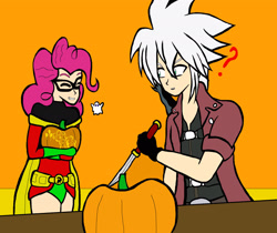 Size: 2229x1875 | Tagged: safe, artist:ssvineman, derpibooru import, pinkie pie, human, equestria girls, clothes, costume, halloween, halloween costume, holiday, jack-o-lantern, pumpkin, ragna the bloodedge, robin