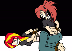 Size: 2479x1753 | Tagged: safe, artist:ssvineman, derpibooru import, sunset shimmer, equestria girls, bondage, bound and gagged, cloth gag, flannery, gag, looking at someone, looking at you, looking back, looking back at you, lying down, pokémon, rope, rope bondage, tied up