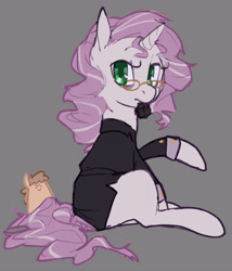 Size: 3000x3500 | Tagged: safe, artist:rirurirue, derpibooru import, ponerpics import, oc, oc only, oc:tuesday, oc:twosday, pony, unicorn, >:), blob ponies, drawthread, duo, female, glasses, gray background, looking at you, mare, mouth hold, scrunchie, side view, simple background, sitting, solo, wavy mane, weekday ponies