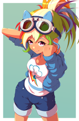 Size: 2600x4000 | Tagged: safe, artist:rockset, rainbow dash, equestria girls, clothes, dark skin, feminism, goggles, kotobukiya rainbow dash, shorts, solo, tanktop