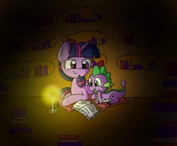 Size: 1024x843 | Tagged: source needed, safe, artist:silver meadow, derpibooru import, spike, twilight sparkle, twilight sparkle (alicorn), alicorn, dragon, pony, book, candle, female, male, pillow, reading