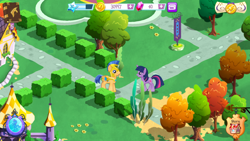 Size: 1378x775 | Tagged: safe, derpibooru import, screencap, flash sentry, twilight sparkle, unicorn twilight, pegasus, pony, unicorn, banner, bush, canterlot, female, flashlight, gameloft, gem, male, shipping, straight, tree