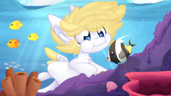 Size: 1191x671 | Tagged: safe, artist:littleblackraencloud, derpibooru import, oc, oc only, earth pony, fish, pony, blue eyes, bubble, commission, coral, crepuscular rays, flowing mane, holding breath, puffy cheeks, smiling, solo, sunlight, swimming, underwater, water, yellow mane