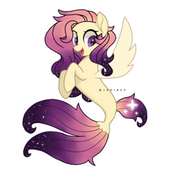 Size: 894x894 | Tagged: safe, artist:slurbeez, derpibooru import, oc, oc only, pegasus, seapony (g4), dorsal fin, ethereal mane, female, fin wings, fins, fish tail, flowing tail, mare, mermay, open mouth, open smile, purple eyes, seaponified, simple background, smiling, solo, species swap, starry mane, starry tail, stars, tail, white background, wings