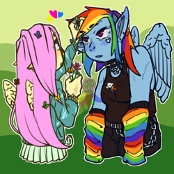 Size: 1024x1024 | Tagged: safe, artist:arcaneclown, derpibooru import, fluttershy, rainbow dash, anthro, pegasus, commission, female, flower, flower in hair, flutterdash, grumpy, heart, height difference, human facial structure, lesbian, shipping