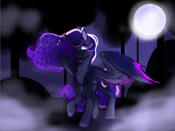 Size: 984x738 | Tagged: safe, artist:tyotheartist, derpibooru import, princess luna, alicorn, pony, detailed background, female, mare, moon, night, solo, wings
