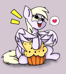 Size: 911x1024 | Tagged: safe, artist:twiliset, derpibooru import, derpy hooves, pegasus, pony, cute, food, happy, heart, looking at you, muffin, simple background, smiling, smiling at you, solo