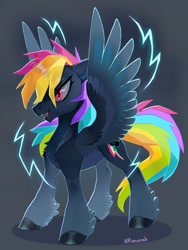 Size: 1080x1440 | Tagged: safe, artist:anoraknr, derpibooru import, rainbow dash, pegasus, pony, chest fluff, fangs, female, nightmare rainbow dash, nightmarified, solo, spread wings, wings