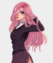 Size: 2808x3363 | Tagged: safe, artist:xxminuhxx, derpibooru import, fluttershy, human, clothes, dress, female, fluttergoth, gray background, hair over one eye, humanized, simple background, solo