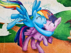 Size: 2048x1536 | Tagged: safe, artist:taylorlynn04art, derpibooru import, rainbow dash, twilight sparkle, twilight sparkle (alicorn), alicorn, pegasus, pony, female, hug, lesbian, shipping, traditional art, twidash