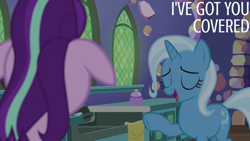 Size: 1920x1080 | Tagged: safe, derpibooru import, edit, edited screencap, editor:quoterific, screencap, starlight glimmer, trixie, pony, unicorn, all bottled up, season 7, duo, ears, eyes closed, female, floppy ears, mare, open mouth, open smile, smiling, text, twilight's castle