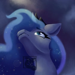 Size: 2048x2048 | Tagged: safe, artist:mishi_ovo, derpibooru import, princess luna, alicorn, pony, bust, looking up, low angle, night, solo