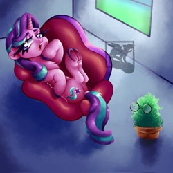 Size: 2048x2048 | Tagged: safe, artist:mishi_ovo, derpibooru import, phyllis, starlight glimmer, pony, unicorn, butt, ears, floppy ears, glasses, glimmer glutes, lying down, on back, plot, potted plant, sofa, talking