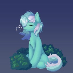 Size: 2048x2048 | Tagged: safe, artist:wyvernthedragon, derpibooru import, lyra heartstrings, pony, unicorn, bush, chest fluff, eyes closed, gradient background, singing, sitting, solo