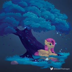 Size: 2048x2048 | Tagged: safe, artist:wyvernthedragon, derpibooru import, fluttershy, pegasus, pony, female, leaves, mare, puddle, solo, tree, under the tree