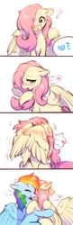 Size: 330x1024 | Tagged: safe, artist:swaybat, derpibooru import, fluttershy, rainbow dash, pegasus, pony, blushing, comic, covering, cute, ear fluff, ears, exclamation point, eyes closed, female, flutterdash, hair over one eye, heart, hug, lesbian, looking at you, mare, offscreen character, shipping, shy, shyabetes, simple background, speech bubble, white background, wing covering, wings