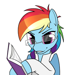 Size: 1700x1900 | Tagged: safe, artist:dacaoo, derpibooru import, rainbow dash, pegasus, pony, semi-anthro, book, clothes, egghead, egghead dash, female, glasses, looking at you, mare, simple background, smiling, solo, transparent background, upside down glasses
