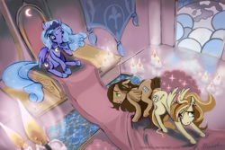 Size: 1440x960 | Tagged: safe, artist:hinoraito, derpibooru import, princess luna, oc, alicorn, pegasus, pony, butt bump, candle, canterlot throne room, s1 luna, throne room