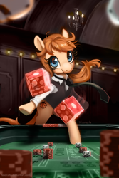 Size: 600x900 | Tagged: safe, artist:hinoraito, derpibooru import, oc, oc only, oc:ladybug, earth pony, pony, casino, clothes, craps, dealer, dice, female, looking at you, mare, necktie, shirt, smiling, smiling at you, solo, vest