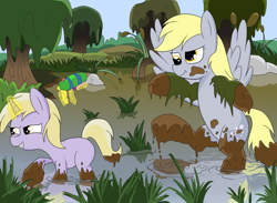 Size: 3000x2200 | Tagged: safe, artist:amateur-draw, derpibooru import, derpy hooves, dinky hooves, pegasus, pony, unicorn, bipedal, equestria's best mother, female, filly, foal, mare, mother and child, mother and daughter, mud, mud play, muddy, parent and child, playing, swamp, toy, watergun, wet and messy
