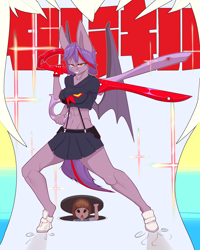 Size: 2800x3500 | Tagged: safe, artist:chapaevv, derpibooru import, oc, oc:clair de lune, anthro, bat pony, human, anime, bat wings, boots, clothes, commission, costume, crossover, female, kill la kill, looking at you, mako, mako mankanshoku, multicolored hair, offscreen character, pov, scissors, shoes, wings