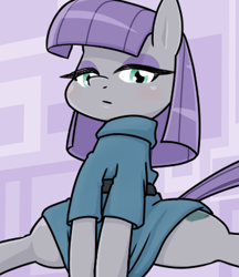 Size: 640x740 | Tagged: safe, artist:batipin, derpibooru import, maud pie, earth pony, pony, blushing, clothes, covering, covering crotch, female, looking at you, mare, solo