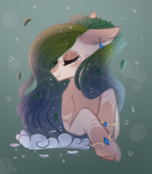 Size: 1236x1414 | Tagged: safe, artist:munamunaa, derpibooru import, oc, earth pony, pony, bubble, digital art, ear fluff, ear piercing, earring, ears, eyes closed, female, jewelry, mare, piercing, signature, simple background, smiling, solo, underwater, water