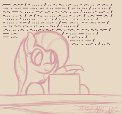 Size: 1117x1045 | Tagged: safe, artist:ahorseofcourse, derpibooru import, fluttershy, pegasus, pony, female, mare, morse code, sketch, solo, typewriter