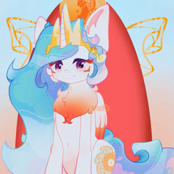 Size: 1133x1133 | Tagged: safe, artist:man;, derpibooru import, princess celestia, alicorn, pony, chest fluff, crown, cute, cute face, ear fluff, ears, female, fluffy, jewelry, mare, regalia, solo, wings