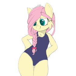 Size: 1080x1080 | Tagged: safe, artist:fajnyziomal, derpibooru import, fluttershy, pegasus, pony, semi-anthro, alternate hairstyle, bipedal, cheek fluff, chest fluff, clothes, commission, cute, ear fluff, ears, female, mare, one-piece swimsuit, ponytail, solo, swimsuit, ych example, your character here