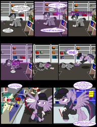 Size: 1042x1358 | Tagged: safe, artist:dendoctor, derpibooru import, doctor whooves, mean twilight sparkle, twilight sparkle, twilight sparkle (alicorn), alicorn, pegasus, pony, comic:clone.., alternate universe, bits, book, bookshelf, bookstore, clone, comic, discord whooves, discorded whooves, female, glowing, hat, magic, male, note, scroll, telekinesis