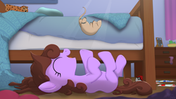 Size: 1920x1080 | Tagged: safe, artist:hydrusbeta, derpibooru import, oc, earth pony, mouse, pony, bed, bedroom, female, filly, foal, happy, lying down, on back, plushie, pokéball, pokémon