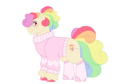 Size: 1280x854 | Tagged: safe, artist:itstechtock, derpibooru import, oc, oc:sweater weather, earth pony, pony, adopted offspring, clothes, female, mare, offspring, parent:diamond tiara, simple background, solo, sweater, white background